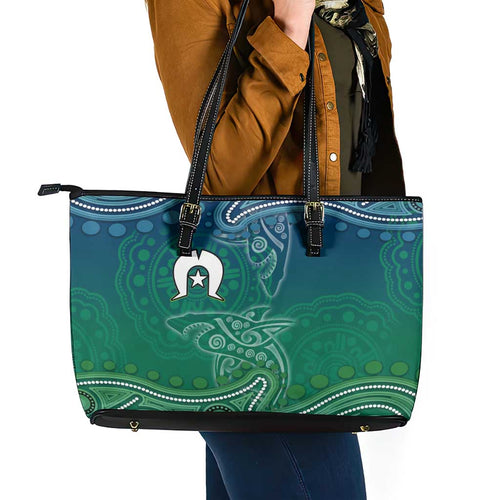Torres Strait Islands Leather Tote Bag Shark Indigenous Australian Tribal Dot Art