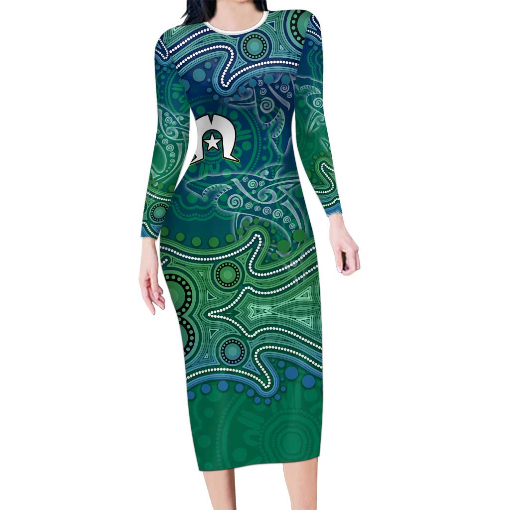 Torres Strait Islands Long Sleeve Bodycon Dress Shark Indigenous Australian Tribal Dot Art