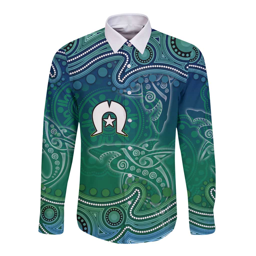 Torres Strait Islands Long Sleeve Button Shirt Shark Indigenous Australian Tribal Dot Art