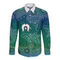 Torres Strait Islands Long Sleeve Button Shirt Shark Indigenous Australian Tribal Dot Art