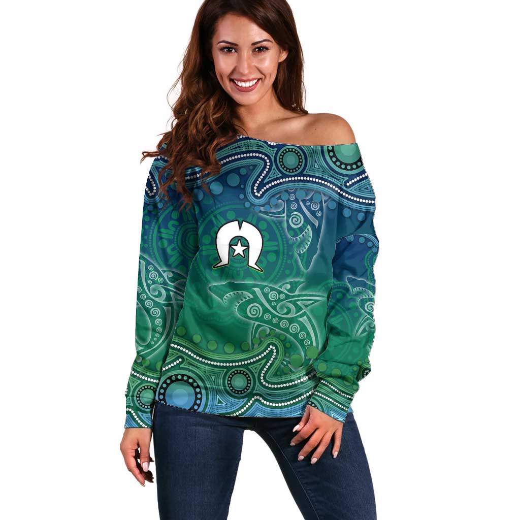 Torres Strait Islands Off Shoulder Sweater Shark Indigenous Australian Tribal Dot Art