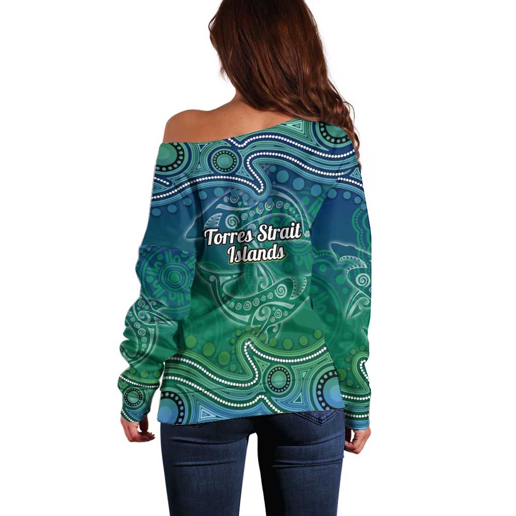 Torres Strait Islands Off Shoulder Sweater Shark Indigenous Australian Tribal Dot Art