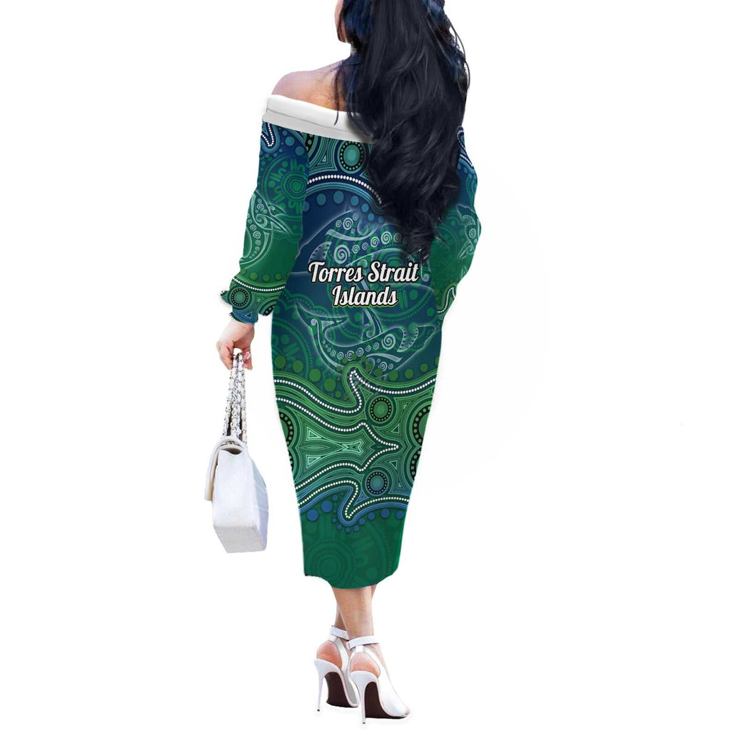 Torres Strait Islands Off The Shoulder Long Sleeve Dress Shark Indigenous Australian Tribal Dot Art