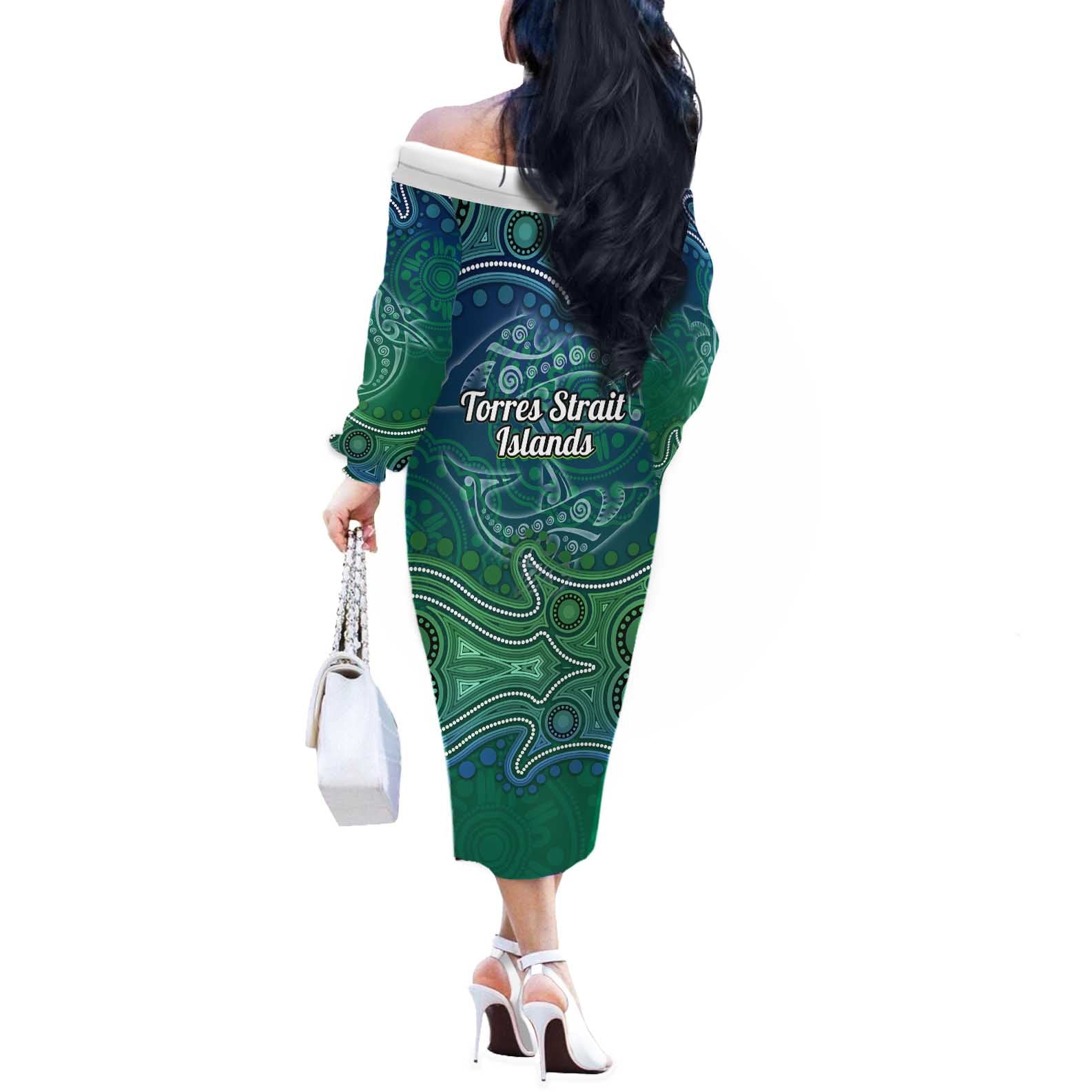 Torres Strait Islands Off The Shoulder Long Sleeve Dress Shark Indigenous Australian Tribal Dot Art