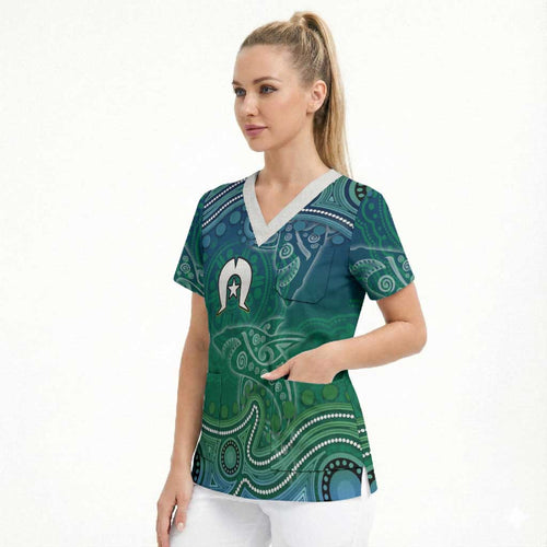 Torres Strait Islands Scrub Top Shark Indigenous Australian Tribal Dot Art