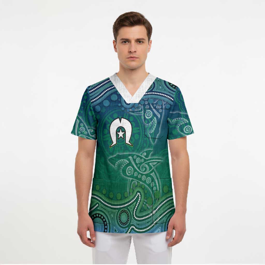 Torres Strait Islands Scrub Top Shark Indigenous Australian Tribal Dot Art