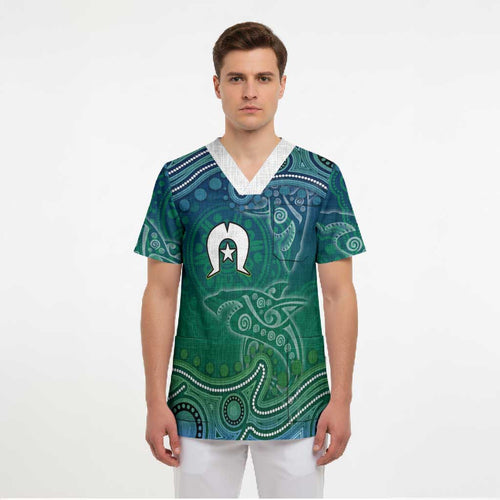 Torres Strait Islands Scrub Top Shark Indigenous Australian Tribal Dot Art