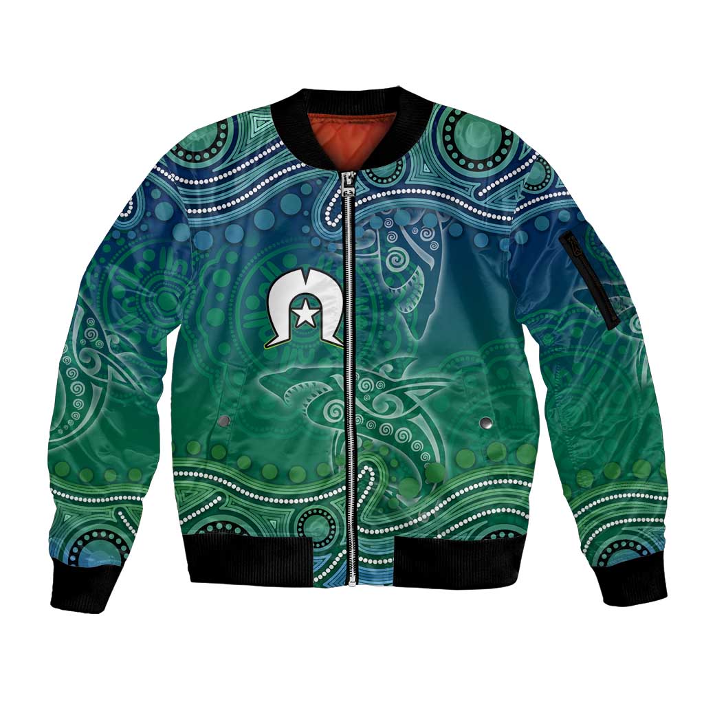 Torres Strait Islands Sleeve Zip Bomber Jacket Shark Indigenous Australian Tribal Dot Art