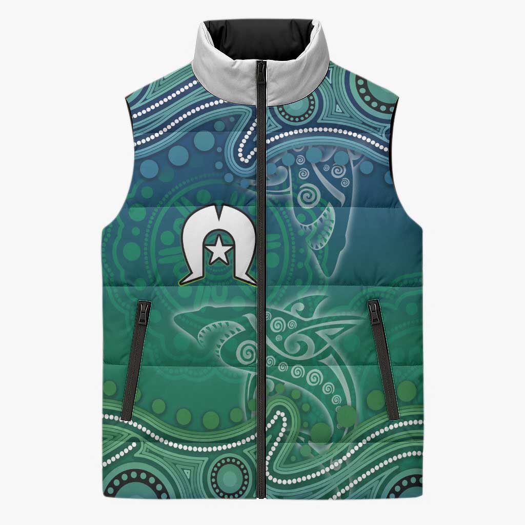 Torres Strait Islands Sleeveless Puffer Jacket Shark Indigenous Australian Tribal Dot Art