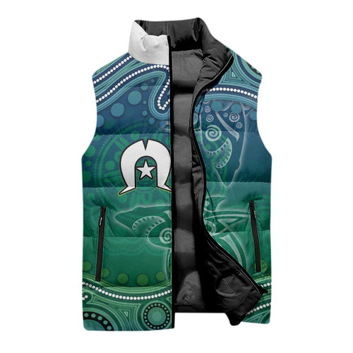 Torres Strait Islands Sleeveless Puffer Jacket Shark Indigenous Australian Tribal Dot Art