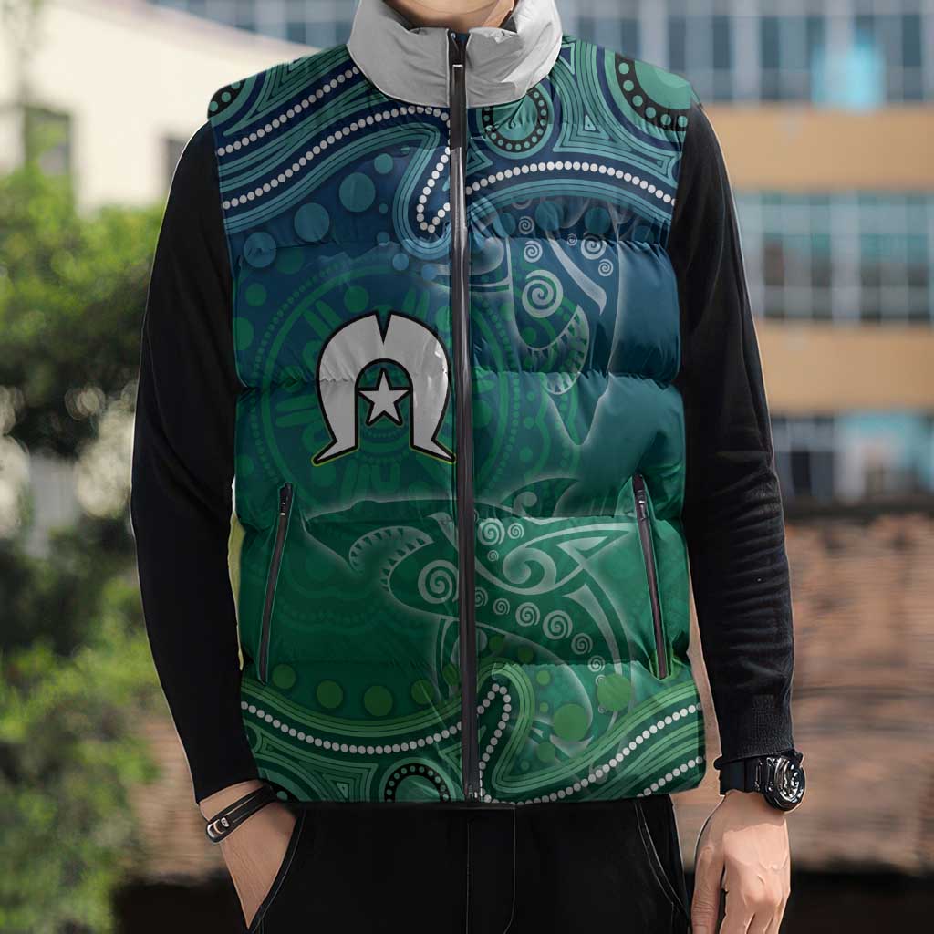 Torres Strait Islands Sleeveless Puffer Jacket Shark Indigenous Australian Tribal Dot Art