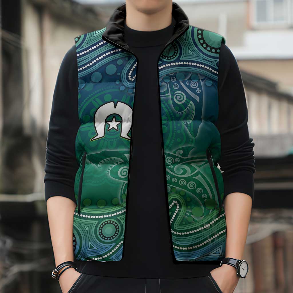 Torres Strait Islands Sleeveless Puffer Jacket Shark Indigenous Australian Tribal Dot Art