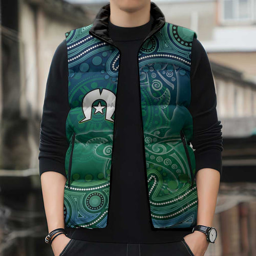 Torres Strait Islands Sleeveless Puffer Jacket Shark Indigenous Australian Tribal Dot Art