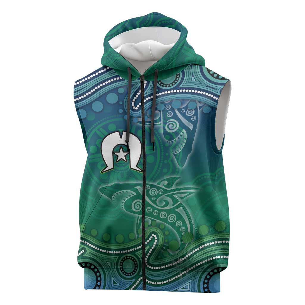 Torres Strait Islands Sleeveless Zip Hoodie Shark Indigenous Australian Tribal Dot Art