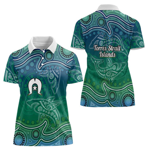 Torres Strait Islands Women Polo Shirt Shark Indigenous Australian Tribal Dot Art