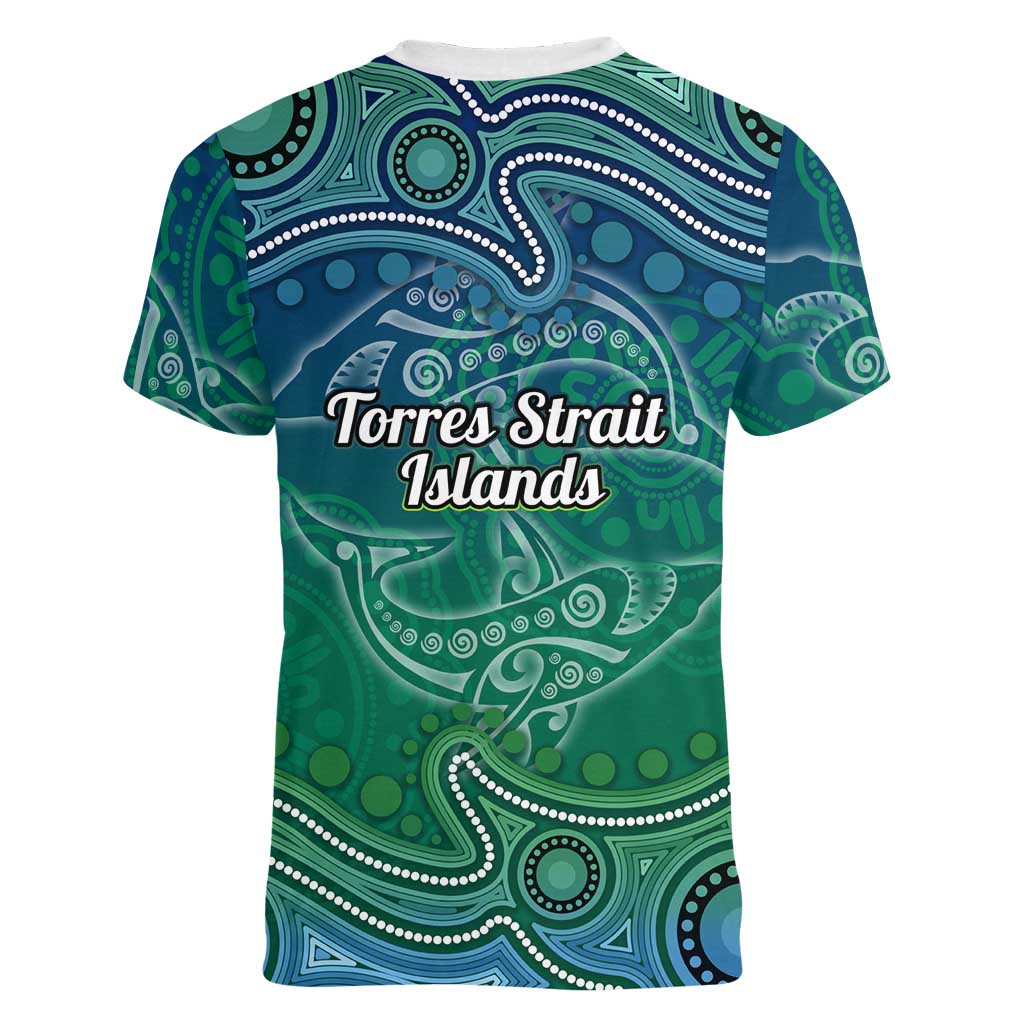 Torres Strait Islands Women V-Neck T-Shirt Shark Indigenous Australian Tribal Dot Art