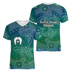 Torres Strait Islands Women V-Neck T-Shirt Shark Indigenous Australian Tribal Dot Art