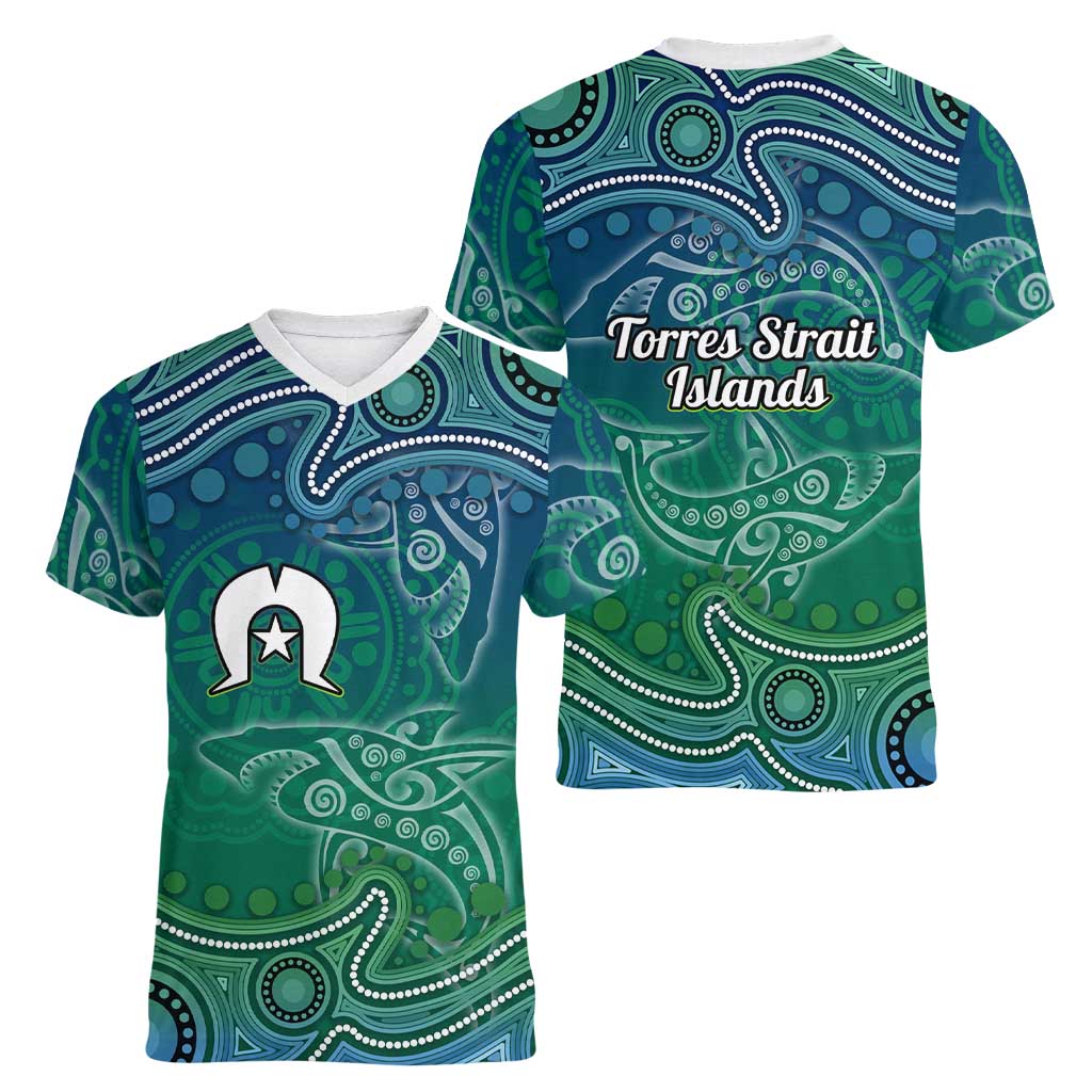 Torres Strait Islands Women V-Neck T-Shirt Shark Indigenous Australian Tribal Dot Art