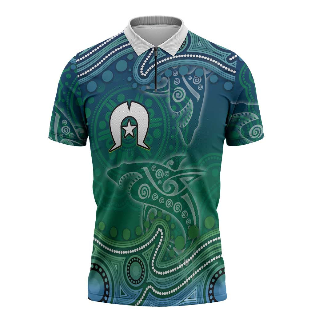 Torres Strait Islands Zipper Polo Shirt Shark Indigenous Australian Tribal Dot Art