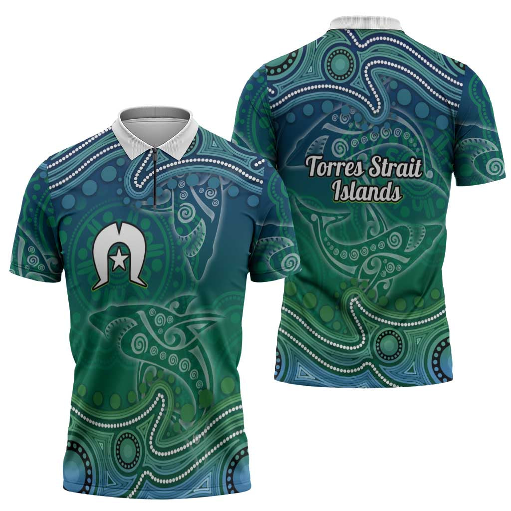 Torres Strait Islands Zipper Polo Shirt Shark Indigenous Australian Tribal Dot Art