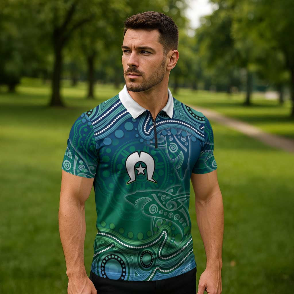 Torres Strait Islands Zipper Polo Shirt Shark Indigenous Australian Tribal Dot Art