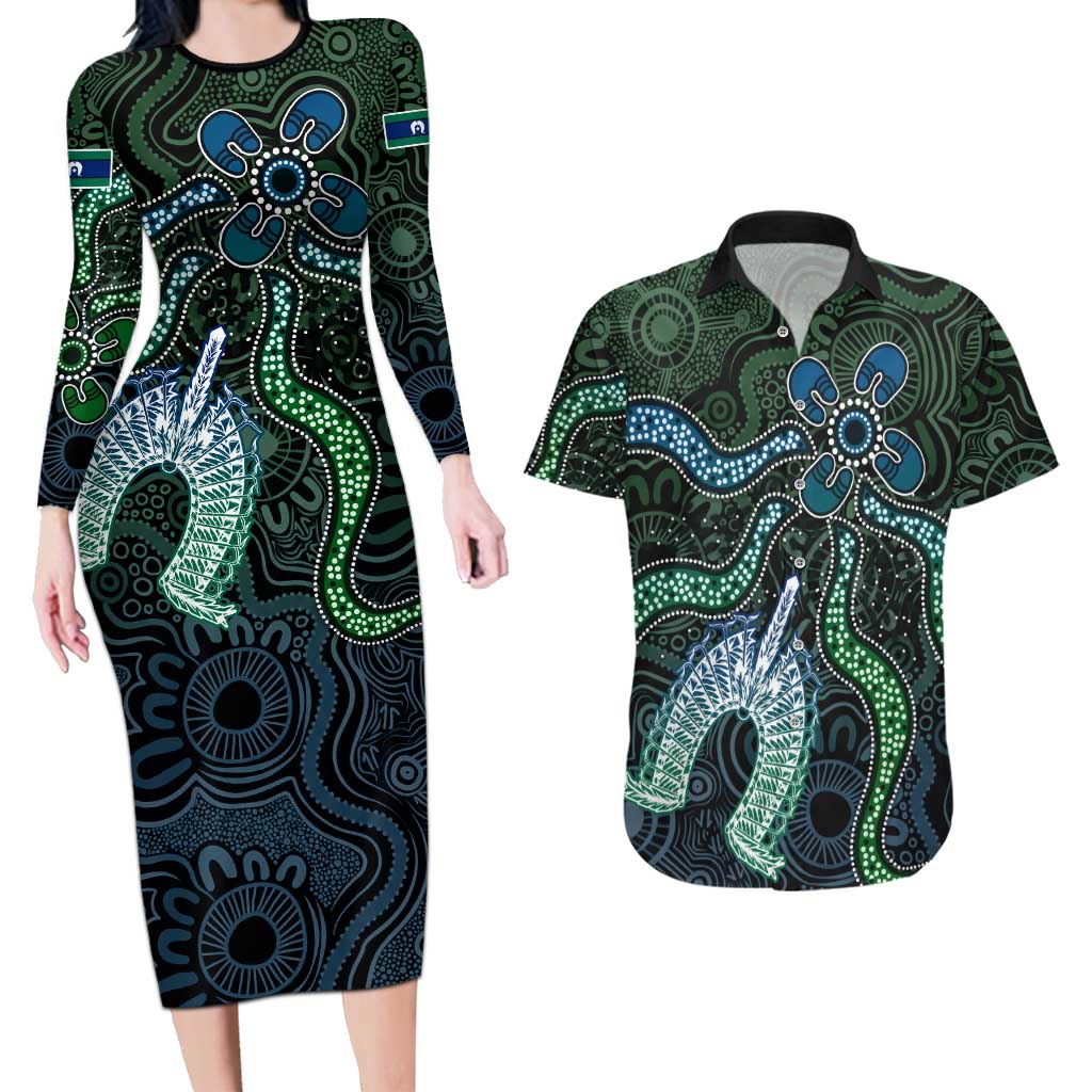 Torres Strait Islands Couples Matching Long Sleeve Bodycon Dress and Hawaiian Shirt Indigenous Australian Marine Tribal Dot Art
