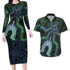 Torres Strait Islands Couples Matching Long Sleeve Bodycon Dress and Hawaiian Shirt Indigenous Australian Marine Tribal Dot Art