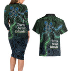 Torres Strait Islands Couples Matching Long Sleeve Bodycon Dress and Hawaiian Shirt Indigenous Australian Marine Tribal Dot Art