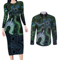 Torres Strait Islands Couples Matching Long Sleeve Bodycon Dress and Long Sleeve Button Shirt Indigenous Australian Marine Tribal Dot Art