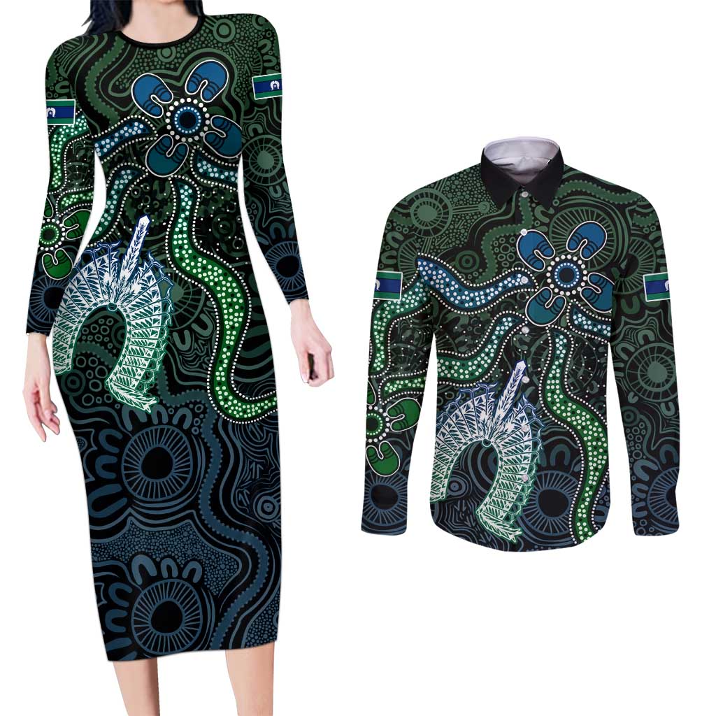 Torres Strait Islands Couples Matching Long Sleeve Bodycon Dress and Long Sleeve Button Shirt Indigenous Australian Marine Tribal Dot Art
