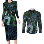 Torres Strait Islands Couples Matching Long Sleeve Bodycon Dress and Long Sleeve Button Shirt Indigenous Australian Marine Tribal Dot Art