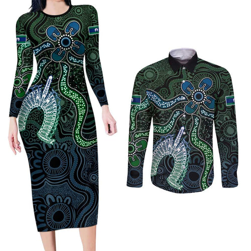 Torres Strait Islands Couples Matching Long Sleeve Bodycon Dress and Long Sleeve Button Shirt Indigenous Australian Marine Tribal Dot Art