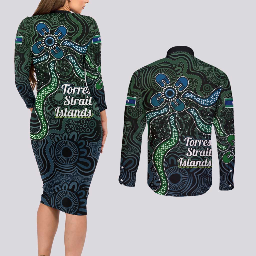 Torres Strait Islands Couples Matching Long Sleeve Bodycon Dress and Long Sleeve Button Shirt Indigenous Australian Marine Tribal Dot Art