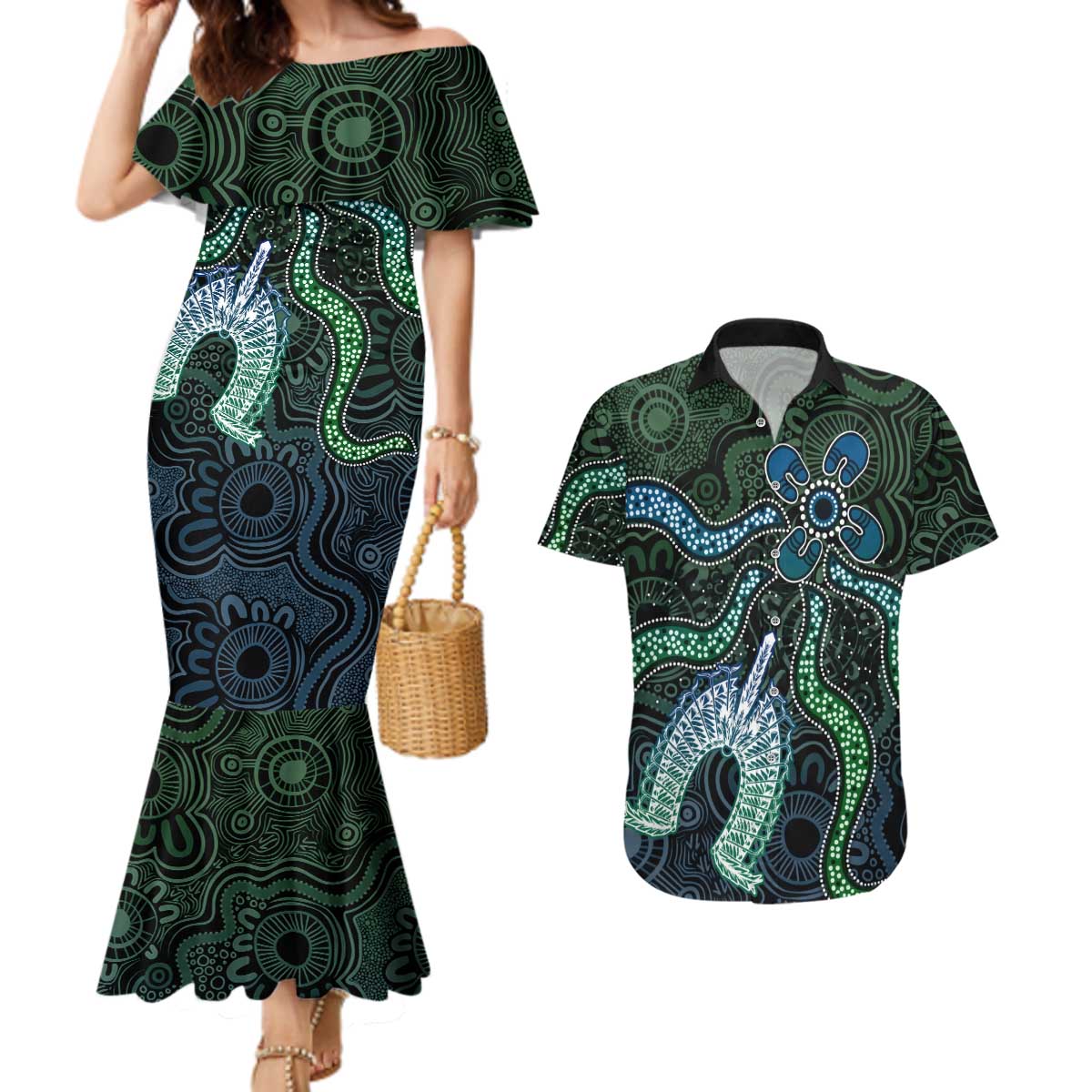 Torres Strait Islands Couples Matching Mermaid Dress and Hawaiian Shirt Indigenous Australian Marine Tribal Dot Art