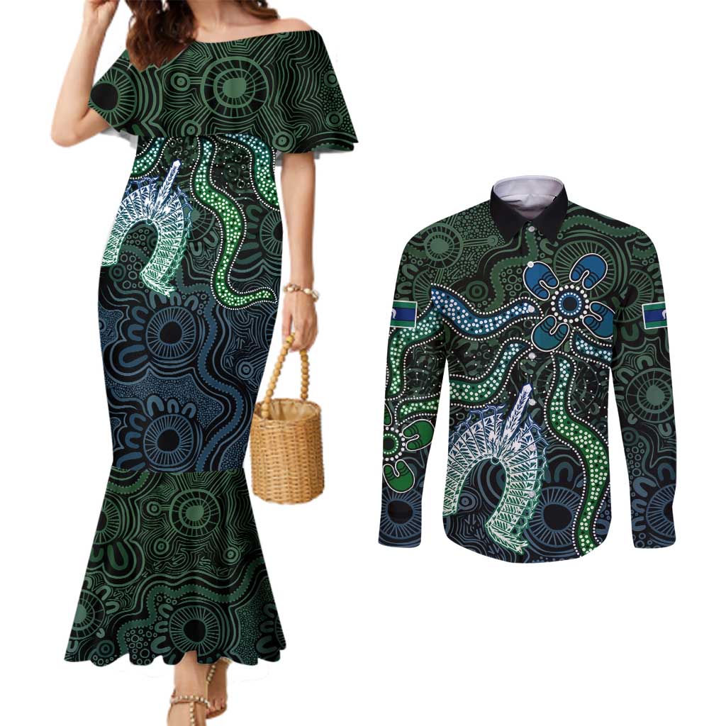 Torres Strait Islands Couples Matching Mermaid Dress and Long Sleeve Button Shirt Indigenous Australian Marine Tribal Dot Art