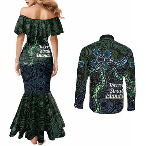 Torres Strait Islands Couples Matching Mermaid Dress and Long Sleeve Button Shirt Indigenous Australian Marine Tribal Dot Art