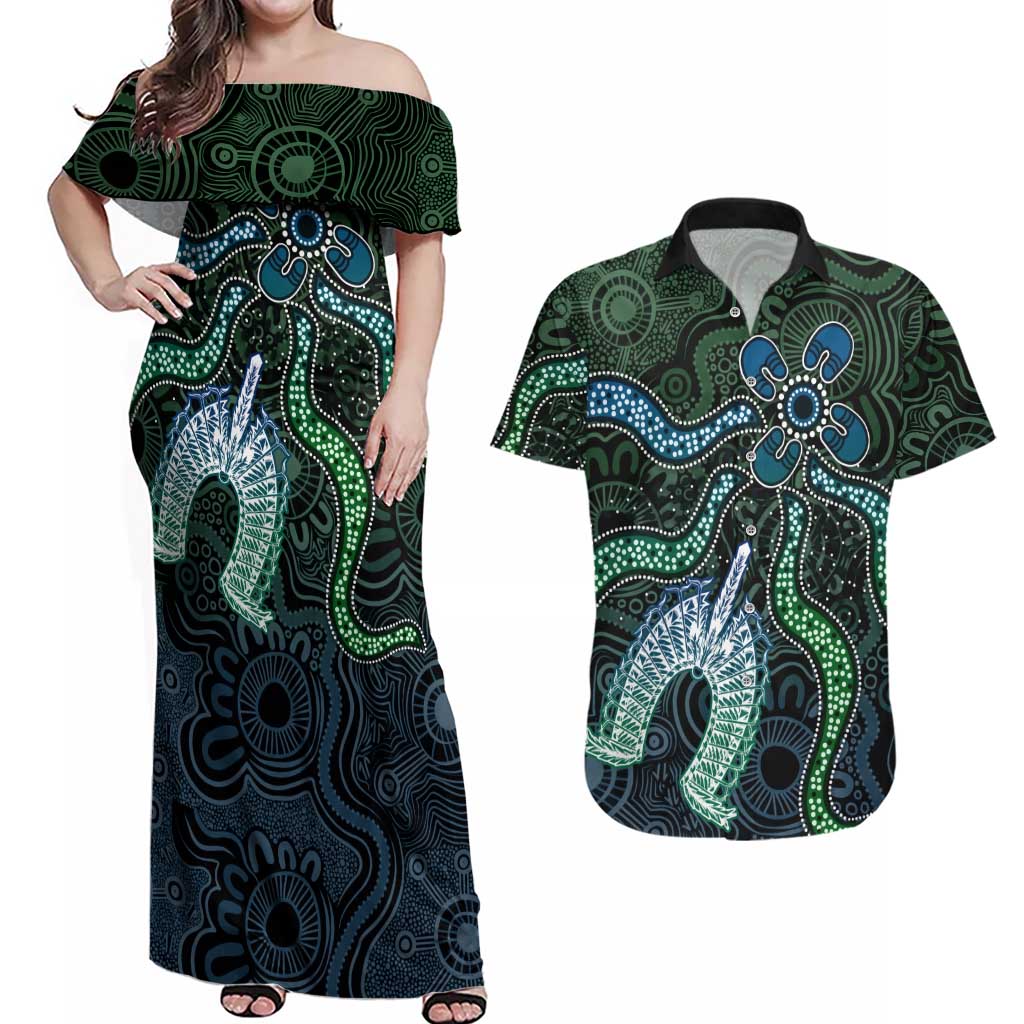Torres Strait Islands Couples Matching Off Shoulder Maxi Dress and Hawaiian Shirt Indigenous Australian Marine Tribal Dot Art