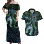 Torres Strait Islands Couples Matching Off Shoulder Maxi Dress and Hawaiian Shirt Indigenous Australian Marine Tribal Dot Art