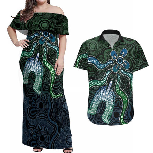 Torres Strait Islands Couples Matching Off Shoulder Maxi Dress and Hawaiian Shirt Indigenous Australian Marine Tribal Dot Art