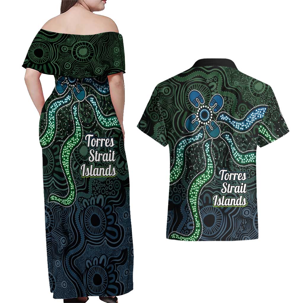 Torres Strait Islands Couples Matching Off Shoulder Maxi Dress and Hawaiian Shirt Indigenous Australian Marine Tribal Dot Art