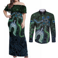 Torres Strait Islands Couples Matching Off Shoulder Maxi Dress and Long Sleeve Button Shirt Indigenous Australian Marine Tribal Dot Art
