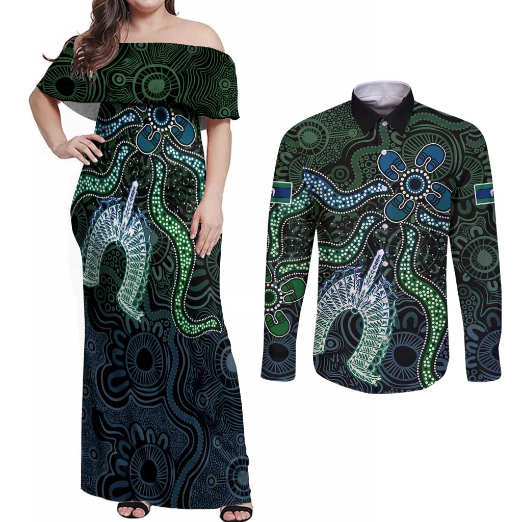 Torres Strait Islands Couples Matching Off Shoulder Maxi Dress and Long Sleeve Button Shirt Indigenous Australian Marine Tribal Dot Art