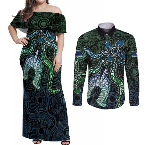 Torres Strait Islands Couples Matching Off Shoulder Maxi Dress and Long Sleeve Button Shirt Indigenous Australian Marine Tribal Dot Art