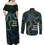 Torres Strait Islands Couples Matching Off Shoulder Maxi Dress and Long Sleeve Button Shirt Indigenous Australian Marine Tribal Dot Art