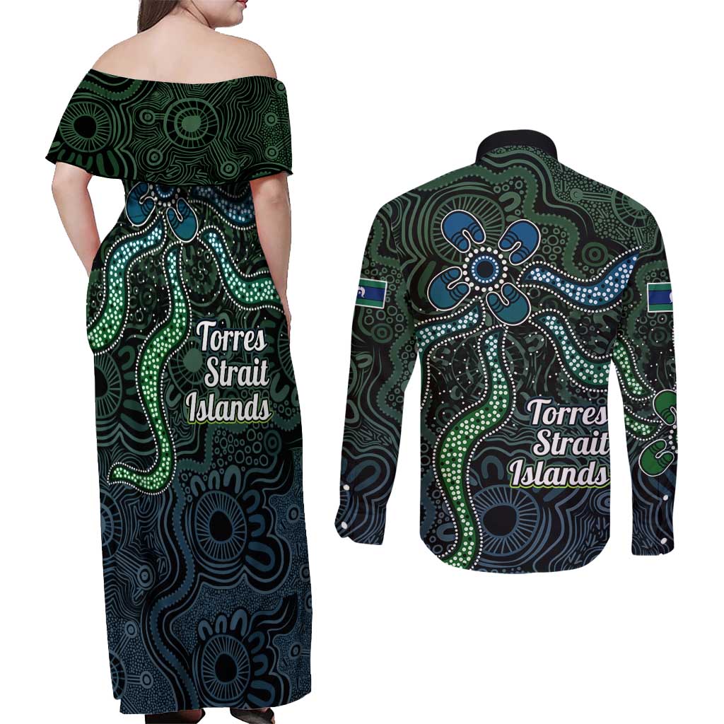 Torres Strait Islands Couples Matching Off Shoulder Maxi Dress and Long Sleeve Button Shirt Indigenous Australian Marine Tribal Dot Art