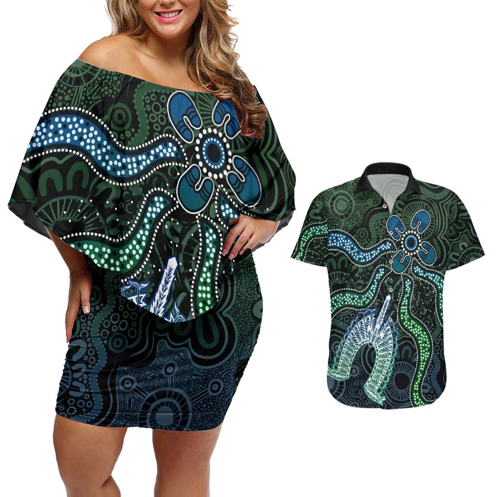 Torres Strait Islands Couples Matching Off Shoulder Short Dress and Hawaiian Shirt Indigenous Australian Marine Tribal Dot Art