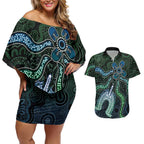 Torres Strait Islands Couples Matching Off Shoulder Short Dress and Hawaiian Shirt Indigenous Australian Marine Tribal Dot Art