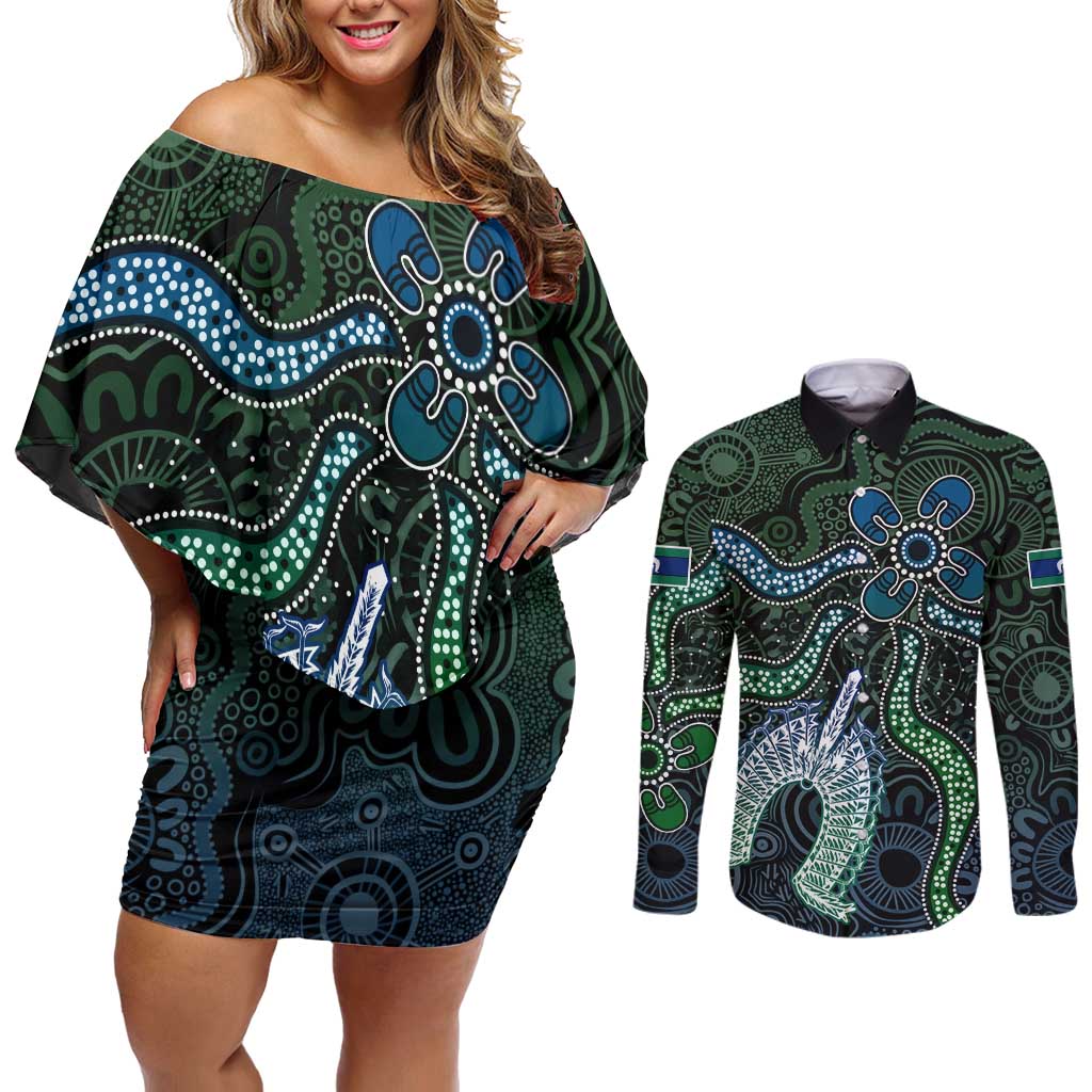 Torres Strait Islands Couples Matching Off Shoulder Short Dress and Long Sleeve Button Shirt Indigenous Australian Marine Tribal Dot Art