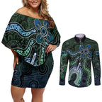 Torres Strait Islands Couples Matching Off Shoulder Short Dress and Long Sleeve Button Shirt Indigenous Australian Marine Tribal Dot Art