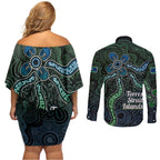 Torres Strait Islands Couples Matching Off Shoulder Short Dress and Long Sleeve Button Shirt Indigenous Australian Marine Tribal Dot Art